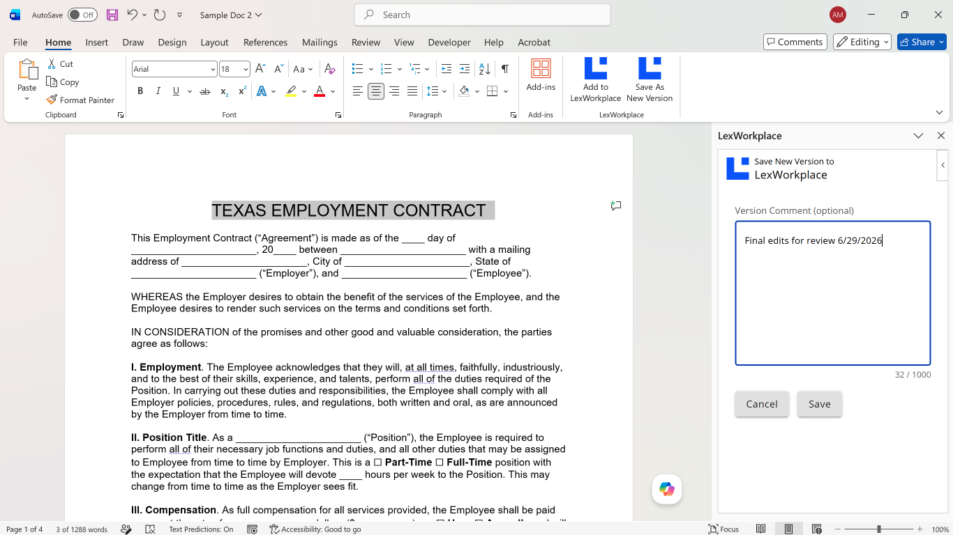 Texas Employment Contract document with highlighted sections for employee details and position.